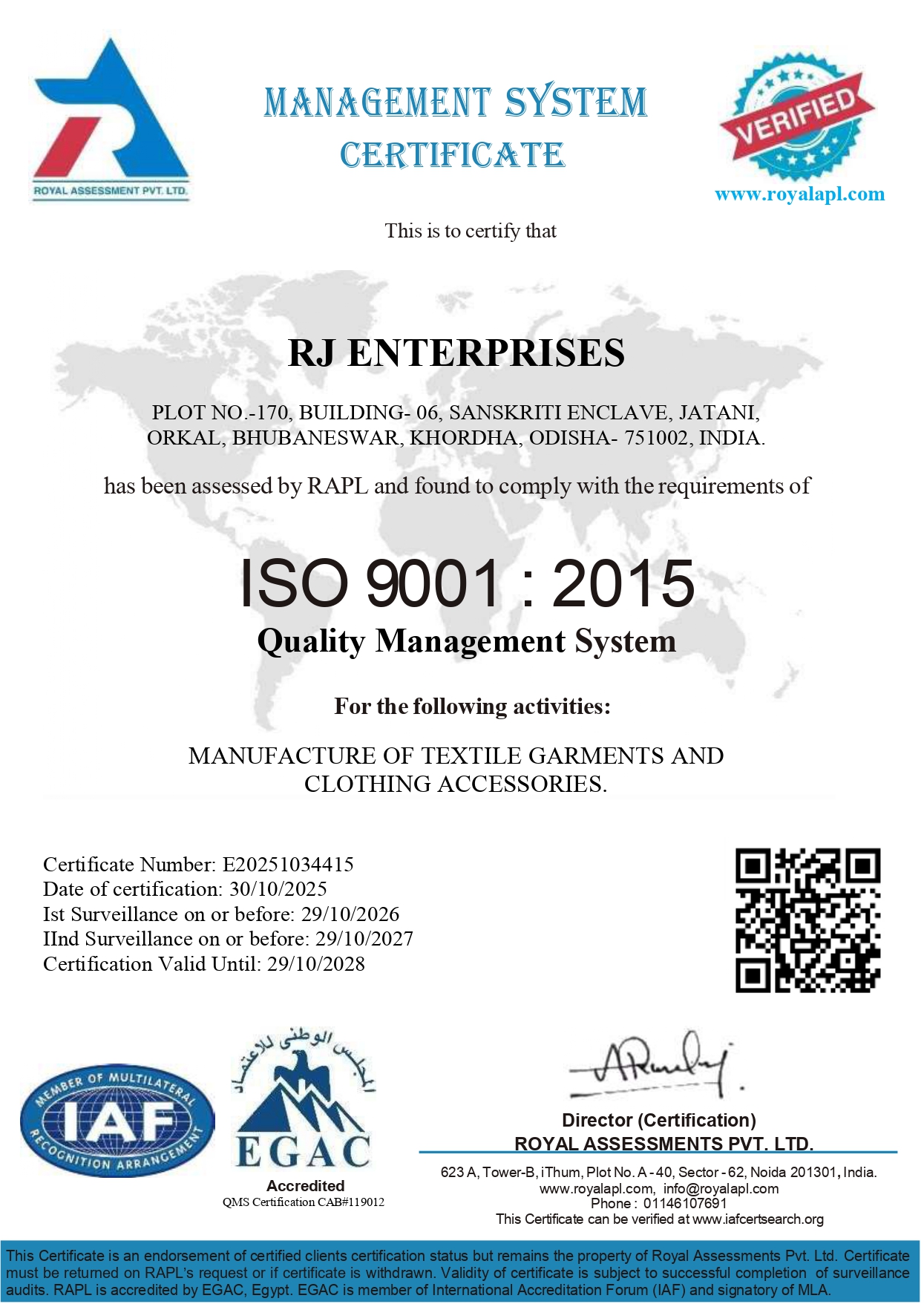 RJ ENTERPRISES ISO 9001:2015 Certificate